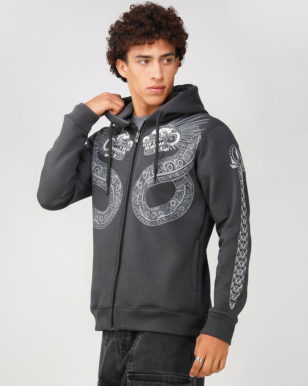 Aztec Dragon | Dark Grey Puff Printed Relaxed Fit Hoodie