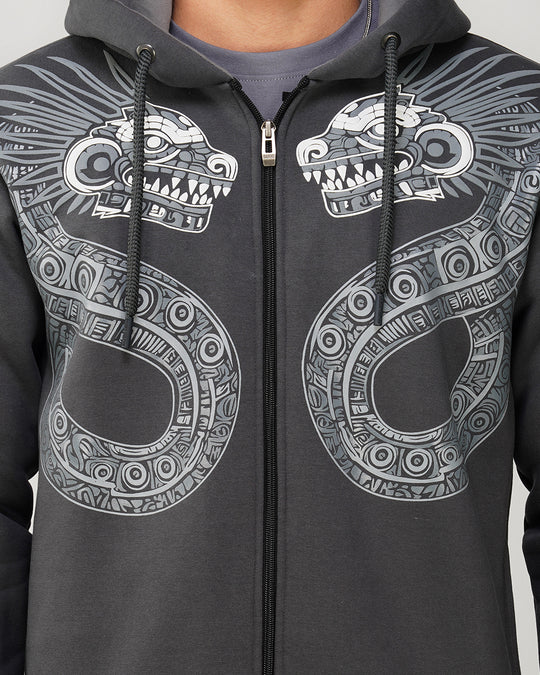 Aztec Dragon | Dark Grey Puff Printed Relaxed Fit Hoodie