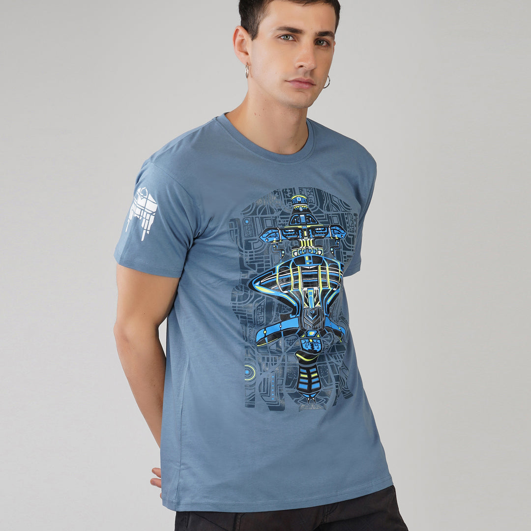 Alien T-shirt met ronde hals en halve mouw in oceaanblauw